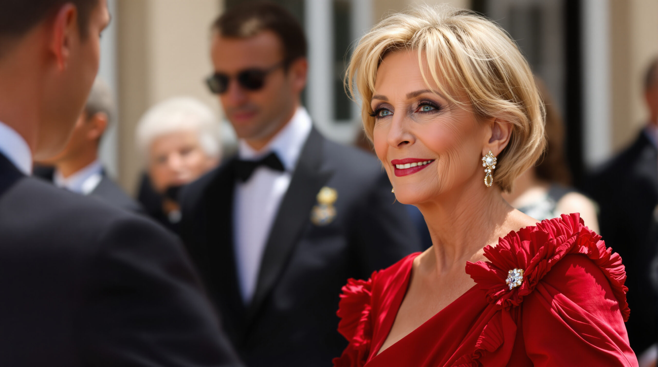 à 73 ans, brigitte macron rayonne de beauté et d'élégance dans une somptueuse robe rouge carmin, captivant tous les regards par son charme et son style impeccable.