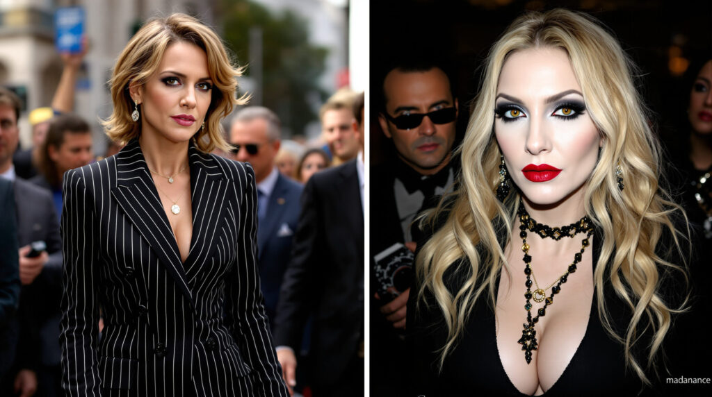 découvrez comment brigitte macron réinvente le costume rayé avec élégance en icône de la première dame, tandis que madonna embrasse un style gothique intense et captivant.