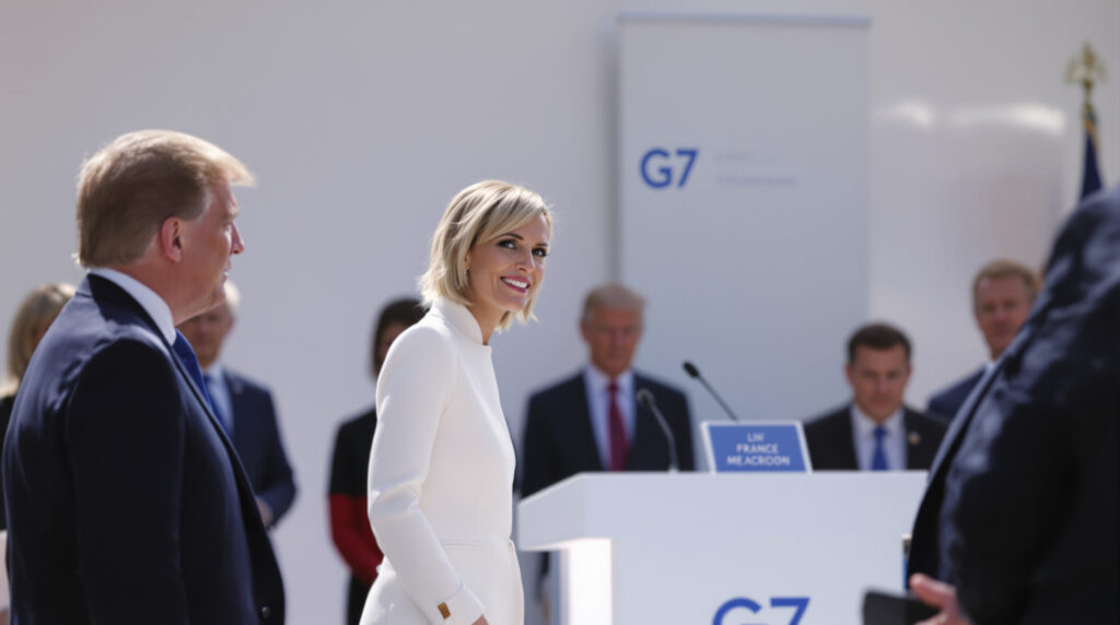 au g7 d’évian-les-bains, brigitte macron brille par son élégance et charme donald trump, mettant en lumière la scène française internationale.