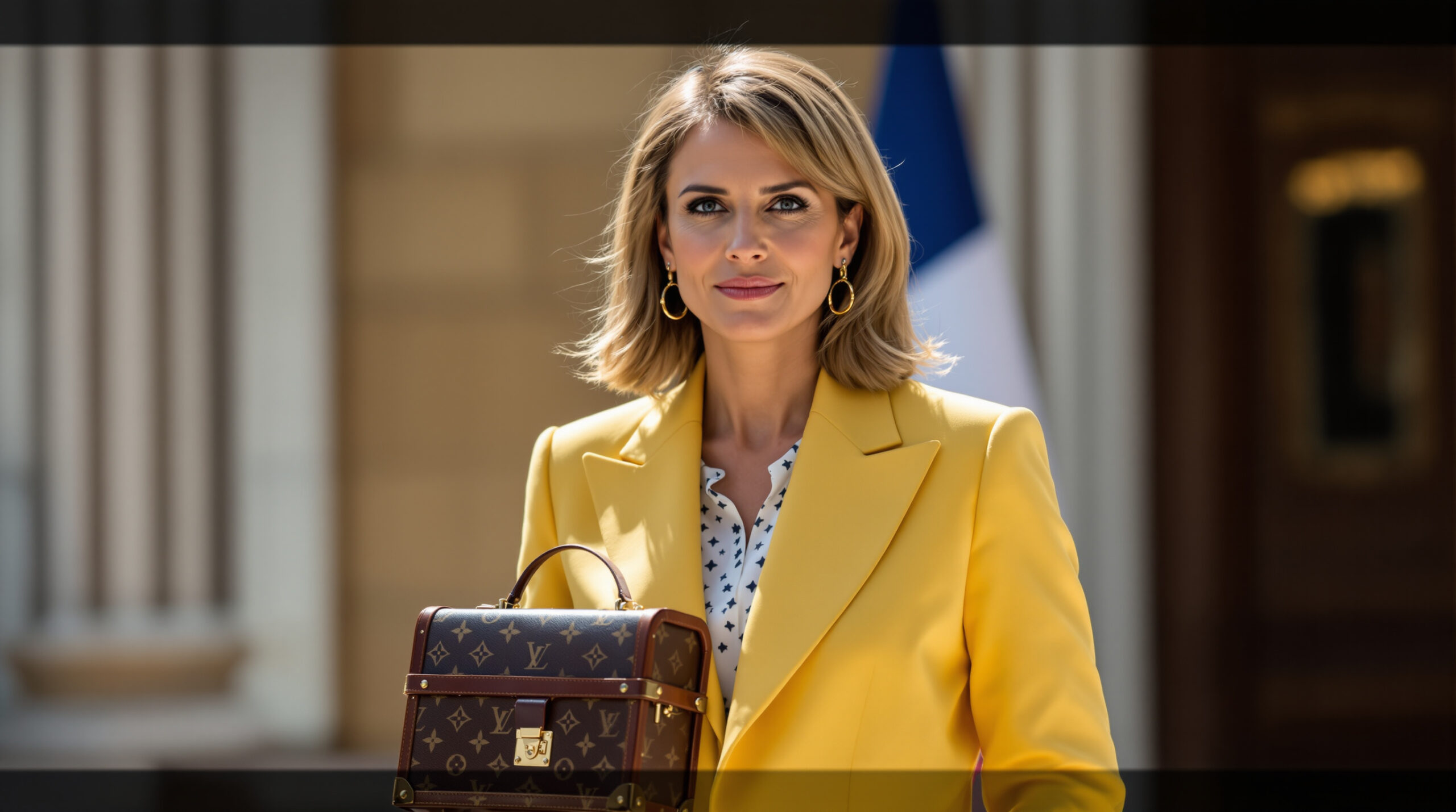 à ankara, brigitte macron éblouit en tailleur jaune vanille recyclé, élégamment complété par un sac slim trunk louis vuitton, alliant style et durabilité.