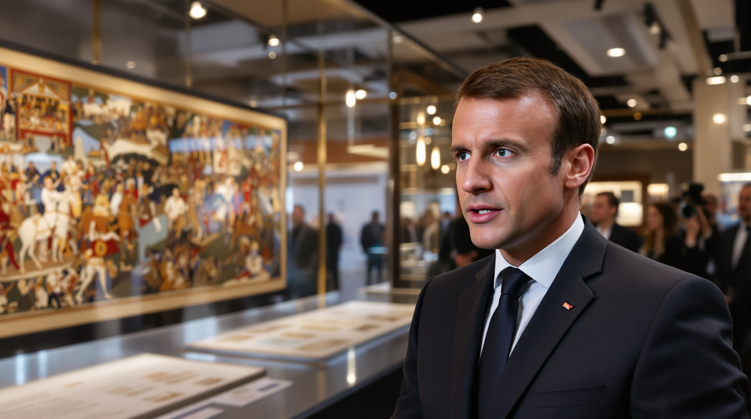 emmanuel macron inaugure à londres une exposition exceptionnelle dédiée à la tapisserie de bayeux, un chef-d'œuvre historique rare à découvrir.