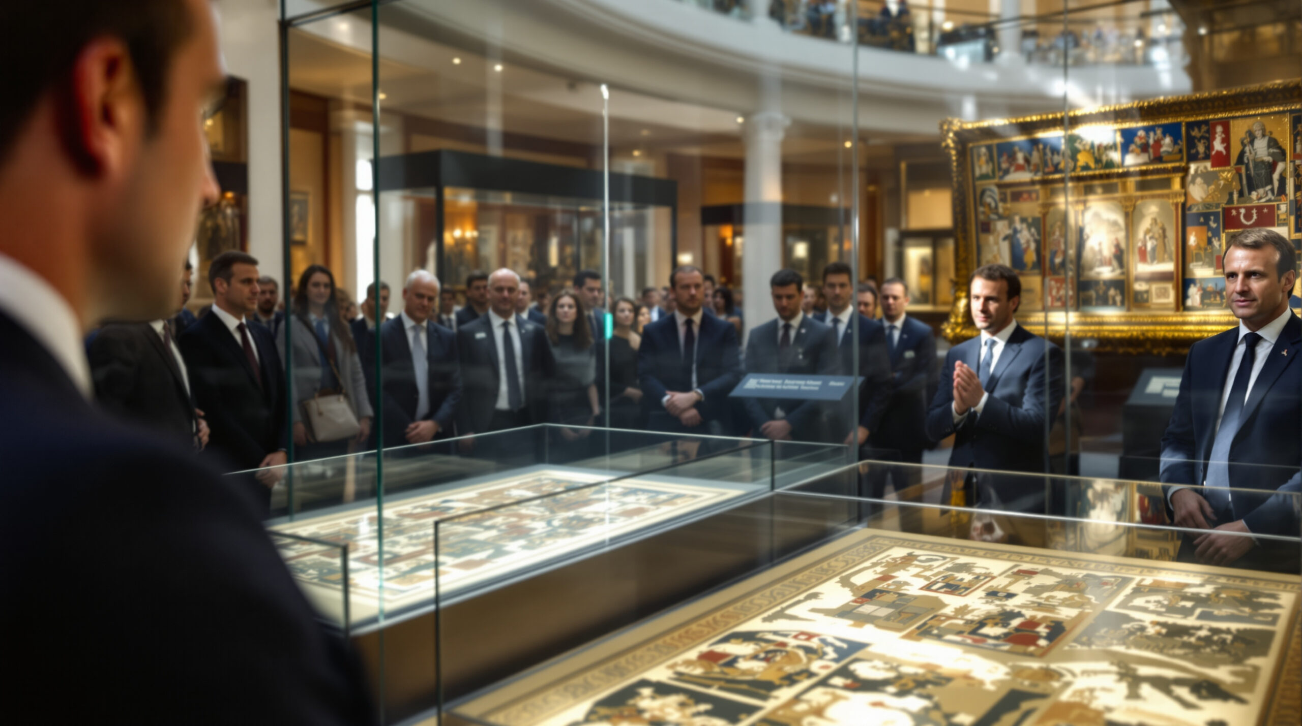 emmanuel macron inaugure à londres une exposition exceptionnelle mettant à l'honneur la tapisserie de bayeux, prêtée au british museum pour une présentation unique.
