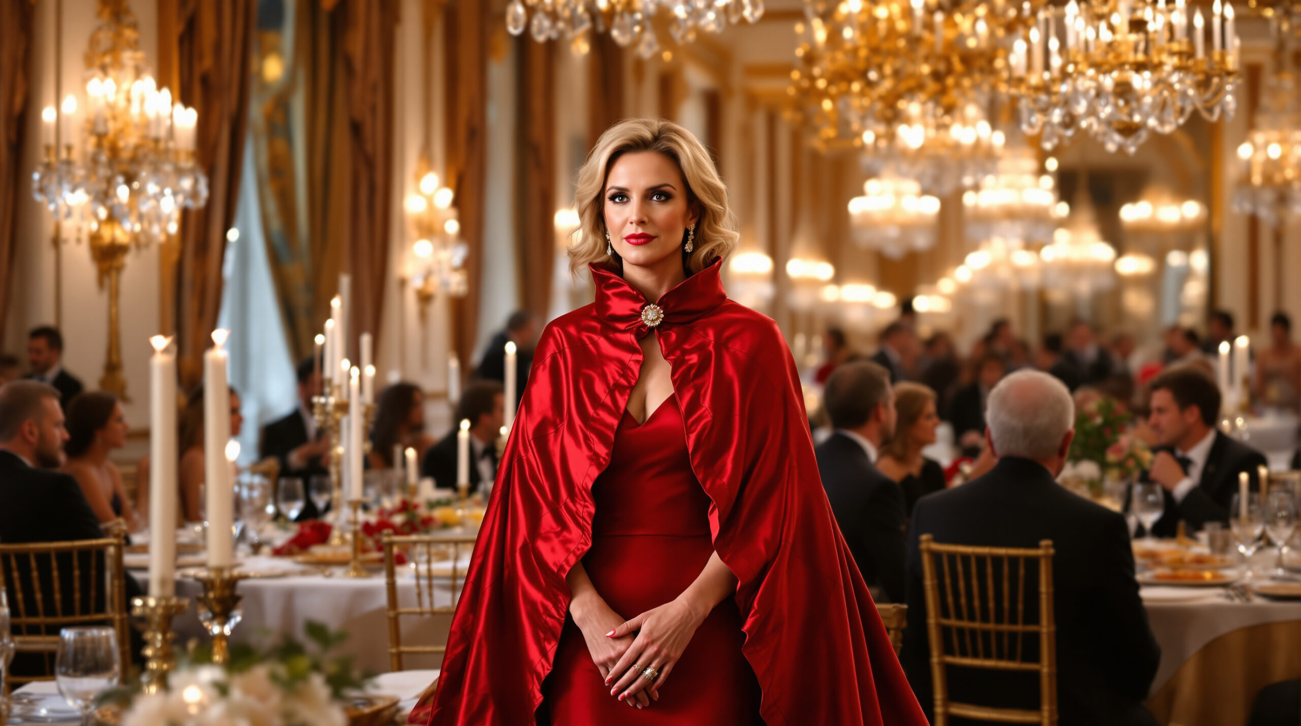 brigitte macron rayonne en robe de bal rouge et cape majestueuse lors d'un dîner d'état à l’élysée, alliant élégance et glamour.