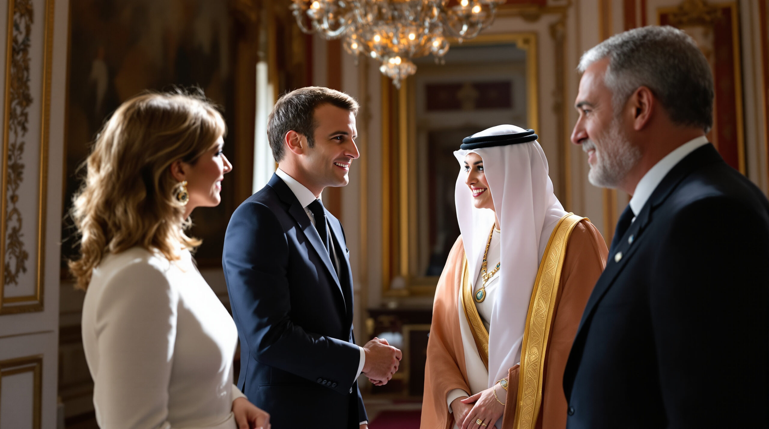 revivez le moment exceptionnel au gala de l'élysée où brigitte et emmanuel macron accueillent chaleureusement abdallah ii et la reine rania de jordanie pour un échange royal sous les projecteurs.